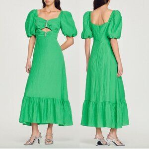 Sandro Falbala Green Rhinestone Embellished Puff-Sleeve Midi Dress